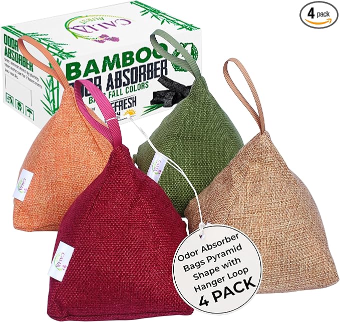 4 Pack Bamboo Charcoal Air Purifier Bags 200 Grams Each - Activated Charcoal Odor Absorber for Car, Pets & Closet - Natural Freshener for Home, Eco-Friendly & Reusable Charcoal Bags (Fall Colors)