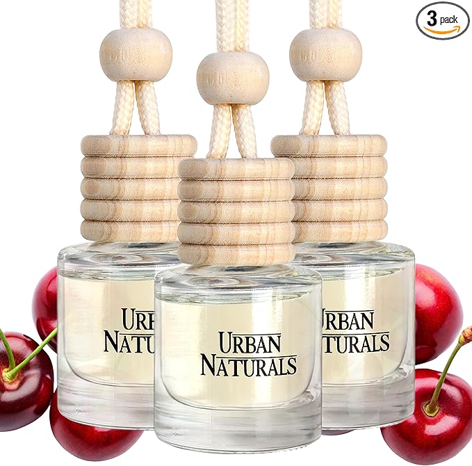 Urban Naturals Car Air Freshener Diffuser 3 Pack - Cherry Luxe Scent, 45+ Days Long Lasting Fragrance, Made in USA, Glass & Wood, Hanging Design + Vent Cip, Easy to Use