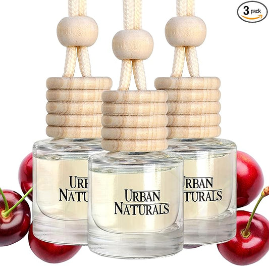 Urban Naturals Car Air Freshener Diffuser 3 Pack - Cherry Luxe Scent, 45+ Days Long Lasting Fragrance, Made in USA, Glass & Wood, Hanging Design + Vent Cip, Easy to Use