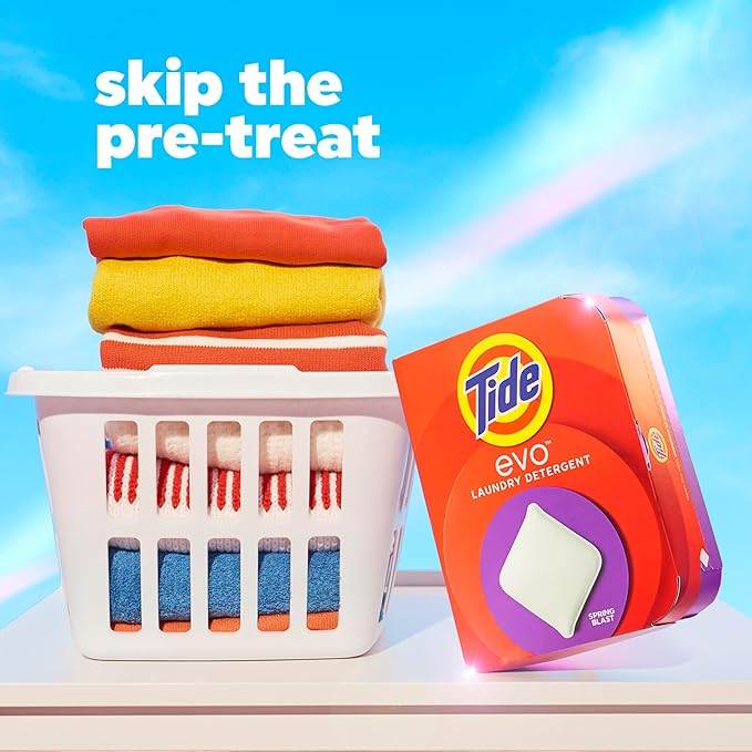 Tide evo Spring Blast Scent Laundry Detergent Fiber Tiles Works on 100% of Common Stains Safe for All Machines and Water Conditions Concentrated HE Compatible Clean and Instant Dissolve, 42 Count