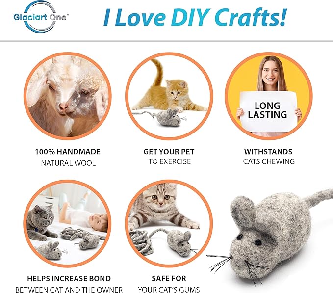 Glaciart One Felt Mouse Cat Toy – Soft Fuzzy Enrichment 100% Natural Wool - Interactive Catnip Play Cat Toy Set - Safe for Pets, Non-AZO Colored Dyes - 100” Long