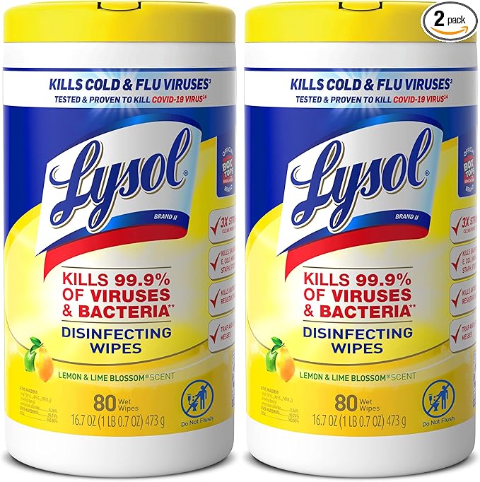 Lysol Disinfectant Wipes Multi-Surface Antibacterial Cleaning Wipes, Dorm Room Essentials For Disinfecting and Cleaning Lemon and Lime Blossom 80 Count (Pack of 2)