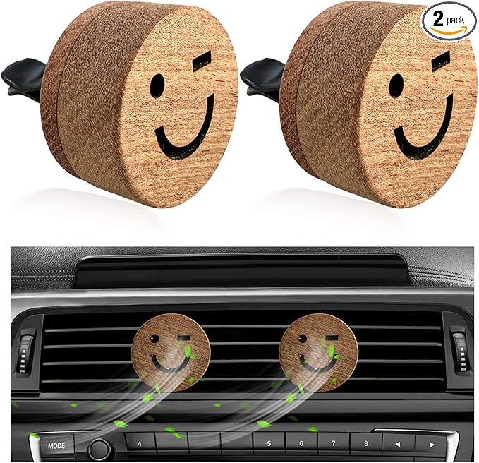 2 PCS Wood Car Essential Oil Diffuser, Wooden Aromatherapy Essential Oils Diffuser with Vent Clip, Wood Vent Clip Air Freshener for Vehicle Office Home Bedroom (Smile)