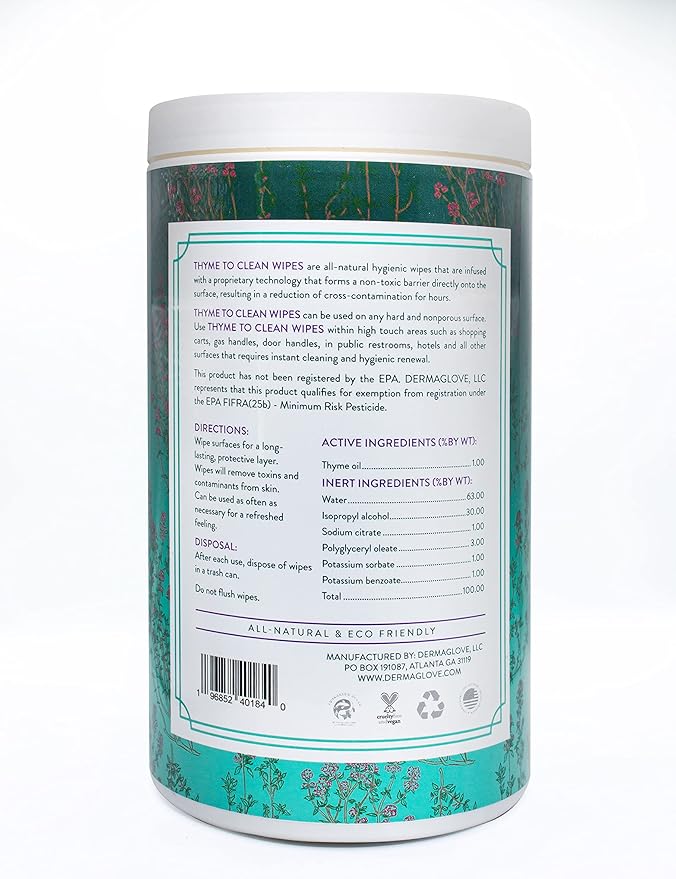 DERMAGLOVE Thyme To Clean - Skin-Safe Compostable Surface Cleaning Wipes | infused with Thyme and Vitamin A,C,E - 75 Count (Pack of 1)