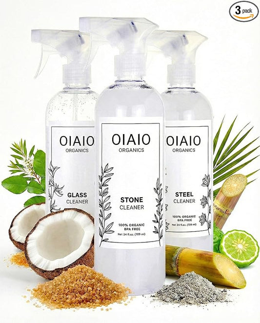 Non-Toxic Kitchen Cleaner 3 Pack (Stone, Steel, Glass) - 100% Natural Organic Ingredients that Truly Perform - Light Coconut, Tea Tree & Wood Scent