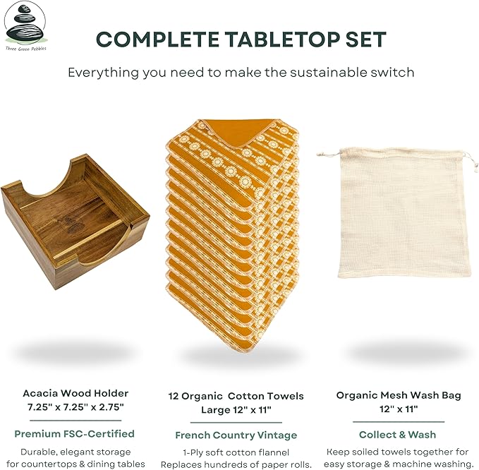 Reusable Paper Towels with Holder | Eco Friendly Kitchen Gift Set | 12 Gold Ochre Organic Cotton Towels, Sustainable Acacia Holder, Wash Bag | Vintage French Country Zero Waste Kit