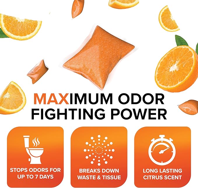 Camco TST MAX RV Toilet Treatment Drop-INs - Control Unwanted Odors & Break Down Waste and Tissue - Safe Septic Tank Treatment - Orange Scent, 30-Pack (41183)