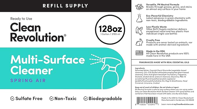 Clean Revolution Multi Surface Cleaner Refill Supply, Non-Toxic, Eco-Friendly & Plant-Based, Ready to Use, Spring Air, 128 Fl Oz (1 Gallon)
