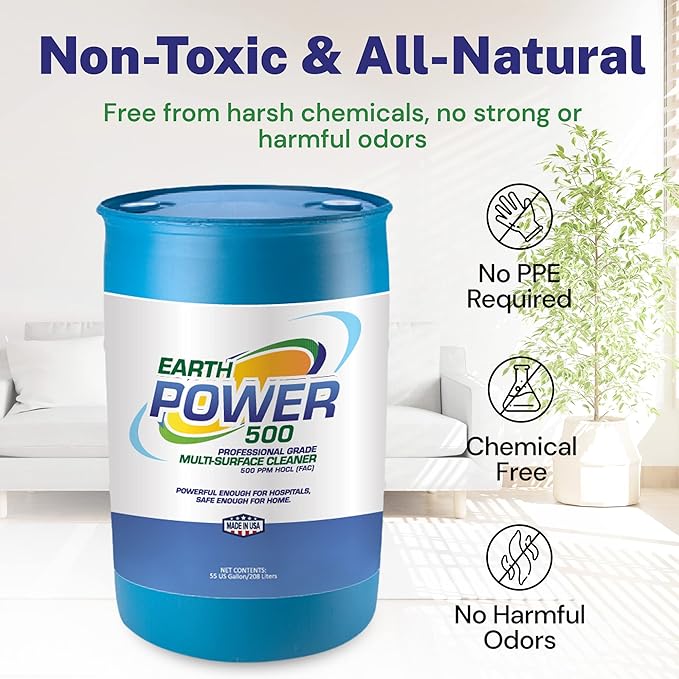 Earth Power Hypochlorous Acid 500 PPM Multipurpose Cleaner – Natural & Non-Toxic – Tile, Refrigerator, Shower, Countertop & Floor Cleaner – Family, Food & Pet Safe Cleaning Supplies – 50 Gallon