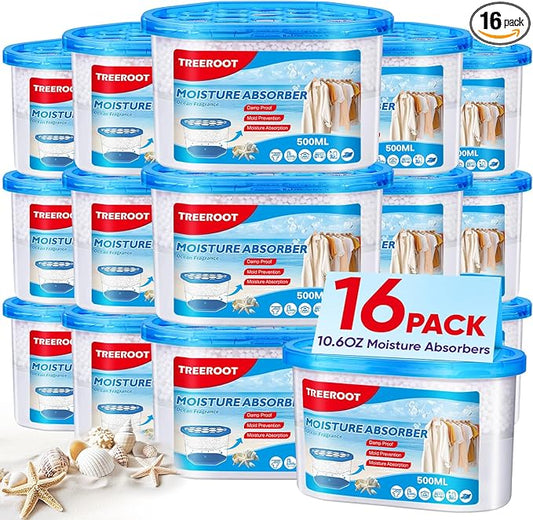 16 Pack Moisture Absorbers, 10.5 OZ Humidity Absorber Bucket, Moisture Absorbers for Closet, Dehumidifier Bucket for Wardrobes (Ocean Scent), Kitchens and Bathrooms