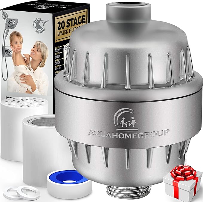 AquaHomeGroup 20 Stage Shower Head Filter with Vitamin C E A - High Output Water Filters to Reduce Chlorine - 2 Cartridges Included - Consistent Flow Showerhead Filter