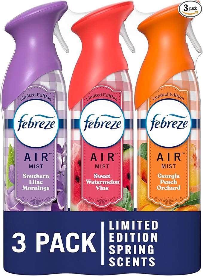 Febreze Air Mist Air Freshener, Odor-Fighting Room, Air Fresheners for Home Bathroom and Kitchen, Spray, Southern Lilac Mornings, Georgia Peach Orchard, Sweet Watermelon Vine Scent, 8.8oz (Pack of 3)