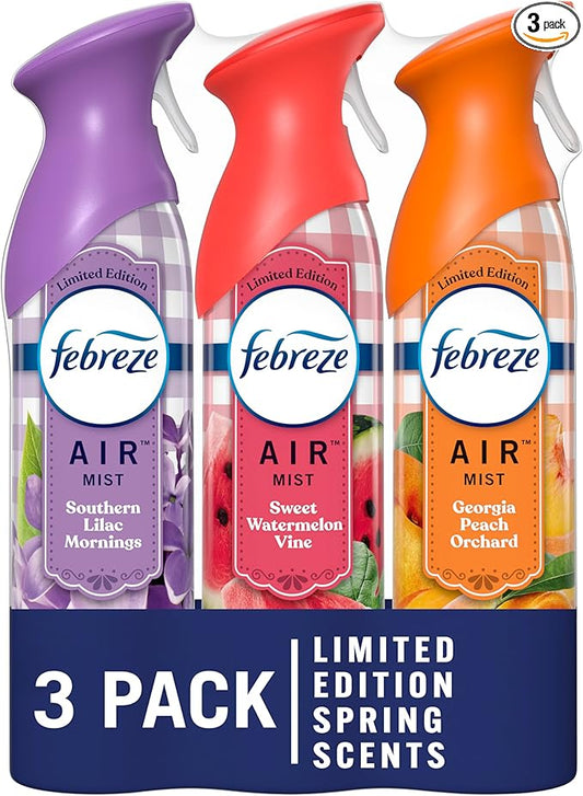Febreze Air Mist Air Freshener, Odor-Fighting Room, Air Fresheners for Home Bathroom and Kitchen, Spray, Southern Lilac Mornings, Georgia Peach Orchard, Sweet Watermelon Vine Scent, 8.8oz (Pack of 3)