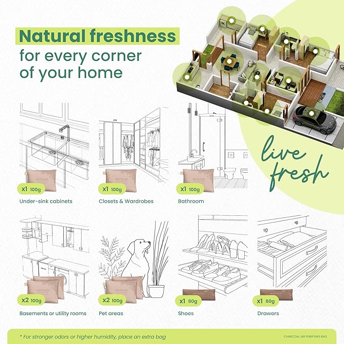 Roonin Bamboo Charcoal Bags Odor Absorber (6-Pack), Natural Air Purifier & Pet Safe Deodorizer for Home, Car and Closet - Odor Remover for Strong Smells