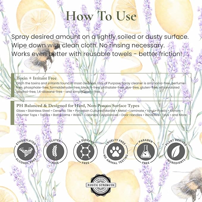 Rustic Strength Lots of Purpose Spray Cleaner with Lavender and Lemon Essential Oils, Non-Toxic Plant Based Multi-Surface, Gallon Plastic