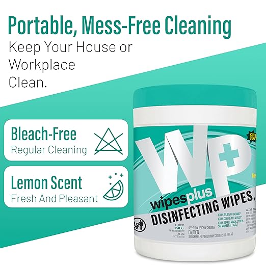 WIPESPLUS Disinfecting Surface Wipes Canister Bleach Free with Lemon Scent for Home and Business, 240 Count