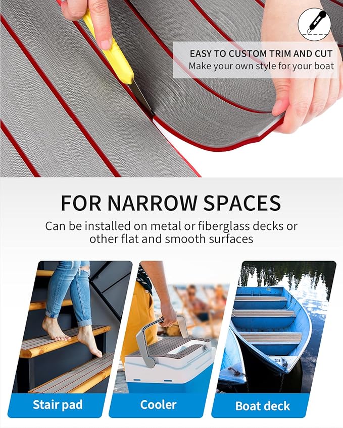 OCEANBROAD EVA Foam Boat Flooring with 3M Adhesive Backing Marine Self-Adhesive Decking 96''x45.6''/36''/28.8''/16.8'', 48''x16.8'' Faux Teak Sheet for Jon Boats Swim Platform Helm Pad RV Floor
