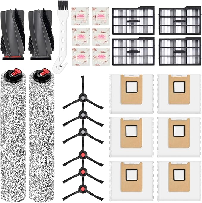 Replacement Kit for Eufy E25/E28:1Pair Main Brushes,2Roller Mops,4HEPA Filters(Right),6Side Brushes, 6Dust Bags, 6Scented Tablets (for Dust Bag Odor Control) + Cleaning Brush