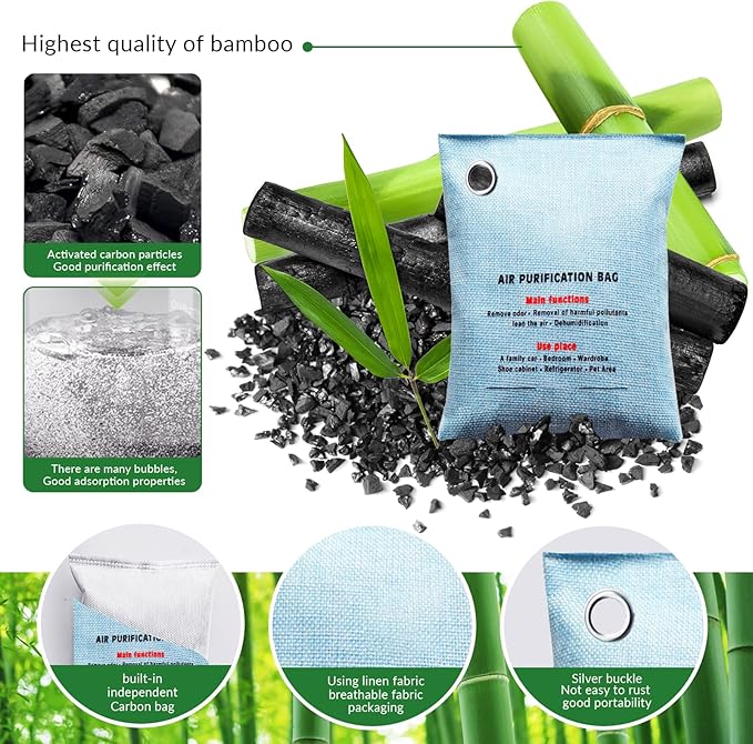 2 Bags Natural Air Purifying Bag | Bamboo Charcoal Odor Absorber for Home & Car | Closet Odor Eliminator, Small Room Deodorizer & Car Air Freshener | Charcoal Bags (200g light blue, Unscented)