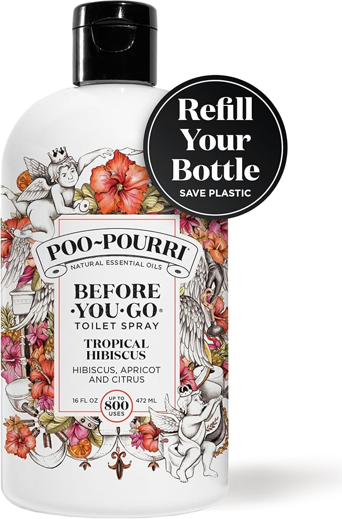 Poo-Pourri Before-You-Go Toilet Spray Refill, Tropical Hibiscus, 16 Fl Oz, Up to 800 Uses, Bathroom Odor Deodorizer with Essential Oils for Home or Work, Hibiscus, Apricot and Citrus Scent