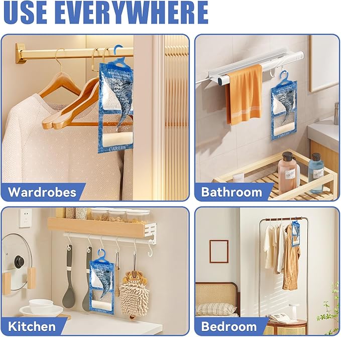 Hanging Moisture Absorbers Bags, Effective Dehumidifiers for Closet, Wardrobe & Bedroom, Absorbs Excess Humidity, Prevents Dampness & Odor, Easy to Use & Long-Lasting Fragrance-Free