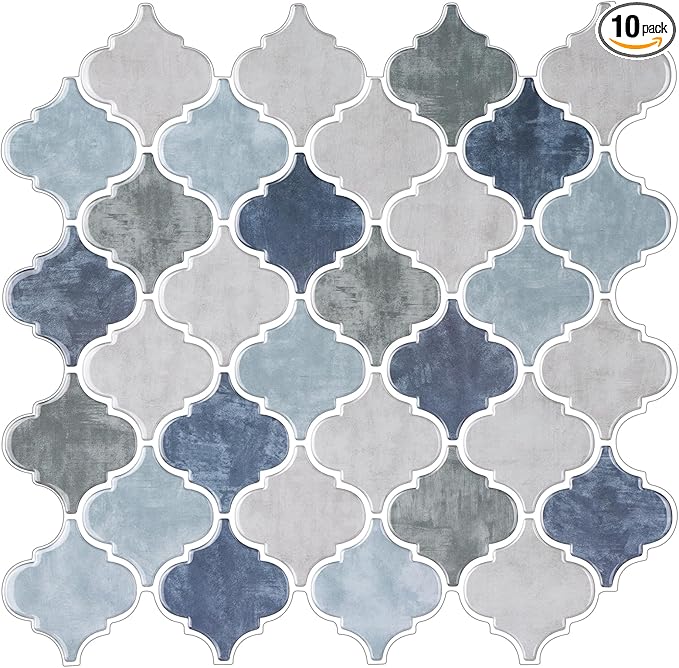 Arabesque Peel and Stick Backsplash for Kitchen, Thicker Design 3D Self Adhesive Wall Tile, 12"x12" Peel and Stick Wall Tiles, 10-Sheet Stick on Tiles for Kitchen and Bathroom (Mix Blue).