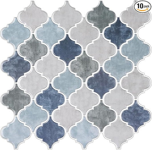 Arabesque Peel and Stick Backsplash for Kitchen, Thicker Design 3D Self Adhesive Wall Tile, 12"x12" Peel and Stick Wall Tiles, 10-Sheet Stick on Tiles for Kitchen and Bathroom (Mix Blue).