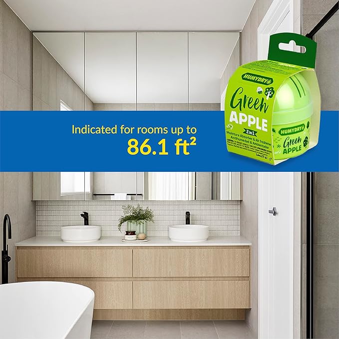 HUMYDRY Moisture Absorber Device, Mini Pack of 12 of 2.6oz, Small Space Dehumidifier and Air Freshener with Green Apple Scent, Non Electric Humidity Absorber for Closet Bedroom and Compact Areas