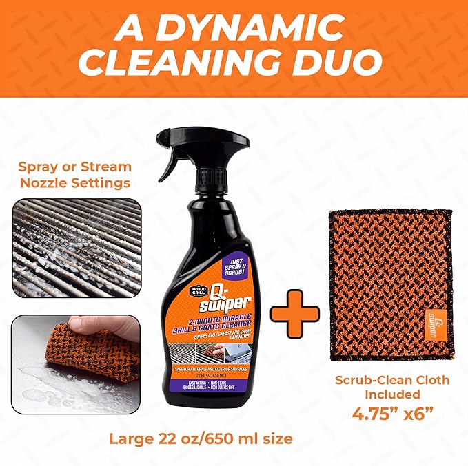Proud Grill Company Q-Swiper 2-Minute Miracle Grill & Grate Cleaner with Scrub Clean Cloth - Degreaser Spray for BBQ, Oven, Stove, Kitchen Tops & Surfaces, Grate & Grease Remover, Smoker Cleaning Kit