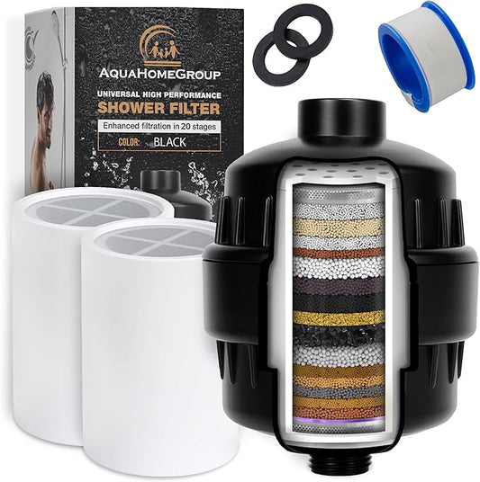 AquaHomeGroup 20 Stage Shower Filter with Vitamin C & E - High Output Shower Water Filter to Reduce Chlorine - 2 Cartridges Included - Consistent Water Flow Showerhead Filter