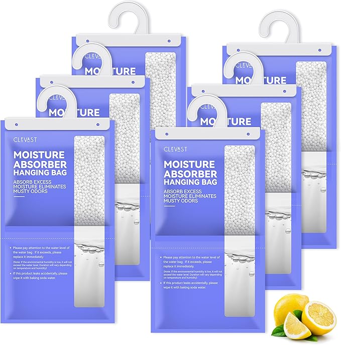 CLEVAST Moisture Absorbers Packets - 15.2 OZ, 6 Pack, Lemon Fragrance Big Dehumidifier Bags for Closet, Hanging Humidity Absorber in Wardrobes, Bedrooms, Bathrooms