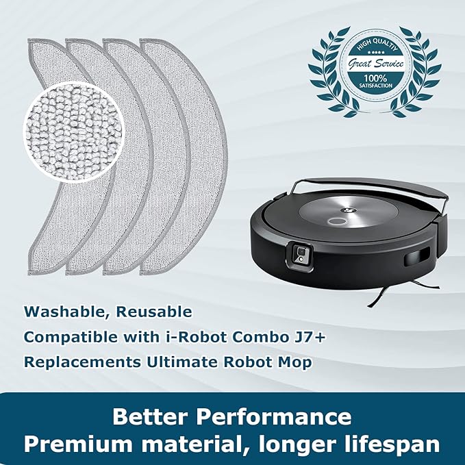 4 Pack Replacement Mop Pads for i-Robot Roomba Combo j7+/ j9+ Accessories, Microfiber Washable Mopping Pad for iRobot Roomba Combo j7+/ j9+ Robot Vacuum and Mop (Not fits for Roomba j7/ j7+/ j9+)