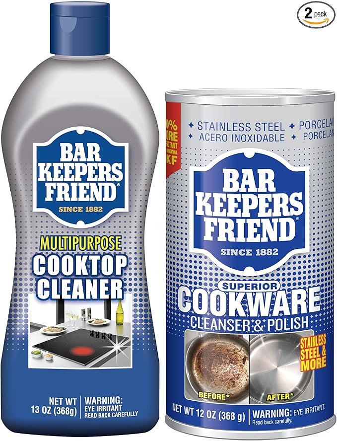Bar Keepers Friend Cooktop Cleaner (13 oz) Multipurpose Liquid Stovetop Cleanser + Cookware Cleanser & Polish (12 oz) Stainless Steel Cleaner & Degreaser for Pots, Pans, Bakeware & Grills