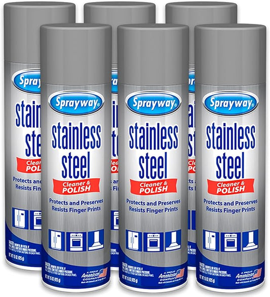 Sprayway Stainless Steel Cleaner Aerosol Spray (Water-Based), 15oz, Pack of 6 | Cleans, Polishes, Protects | Resists Fingerprints | Ideal for All Stainless Steel Appliances & Surfaces