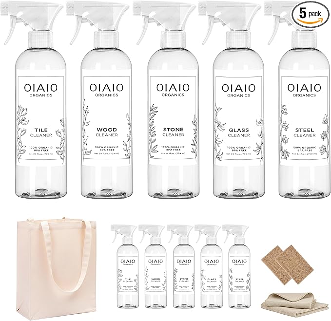 Non-Toxic Home Cleaning - The Collection 5 Pack - Includes 5 Cleaners, 1 Canvas Tote, 2 Microfiber Cloths, 2 Coconut Husk Scrubers - 100% Natural Organic Ingredients that Truly Perform