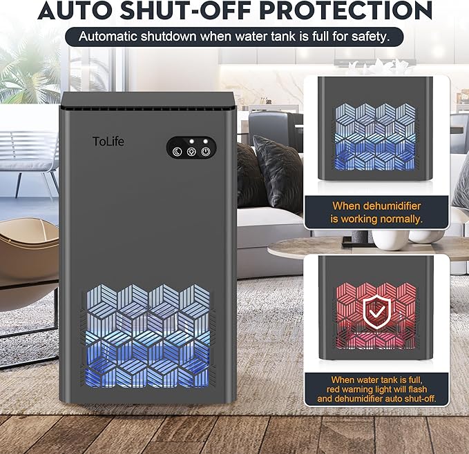 ToLife Dehumidifier for Home 95 OZ Water Tank, 1000 sq.ft Dehumidifiers for Basement Bedroom Bathroom with Auto Shut Off 7 Colors LED Light, Grey