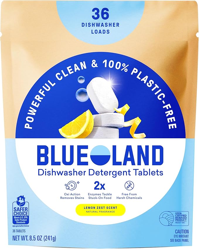 BLUELAND 100% Plastic-Free Dishwasher Detergent Tablets, 36 Count, Lemon Zest Scent, Eco Friendly Dishwashing Pods, Natural, USDA Certified biobased