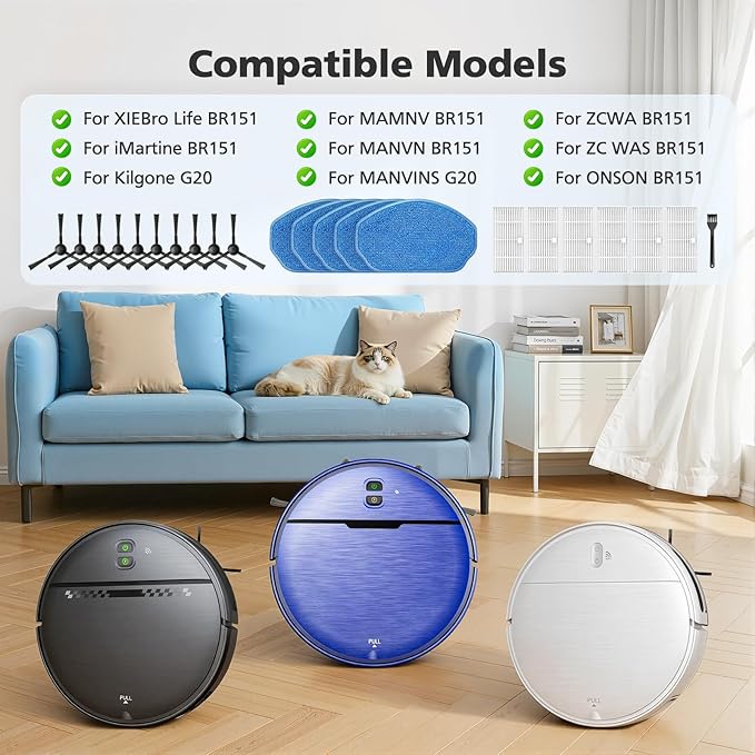 Replacement Parts for XIEBro Life BR151, for ZCWA BR151, for MANVN BR151, for Kilgone G20, for MAMNV BR151, for MANVINS G20, for ZC WAS BR151, for iMartine BR151, 6 Filters, 5 Mop Pads, 10 Side Brush