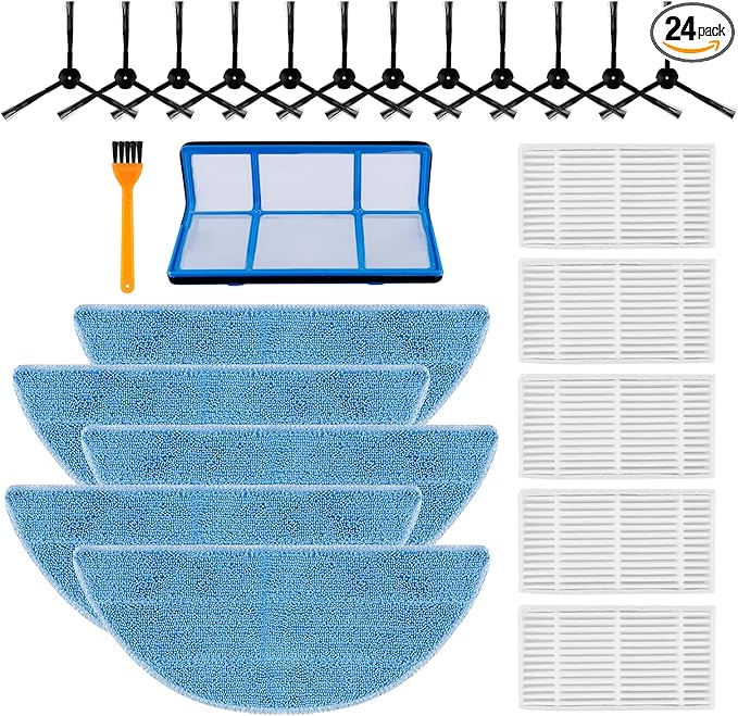 KEEPOW 24 Pack Replacement Part Accessories Kit Compatible with ILIFE V3 V3s V3s Pro V5s V5s Pro Robot Vacuum Cleaner, 12 Side Brush + 1 Primary Filter + 5 Microfiber Pad + 5 HEPA Filter
