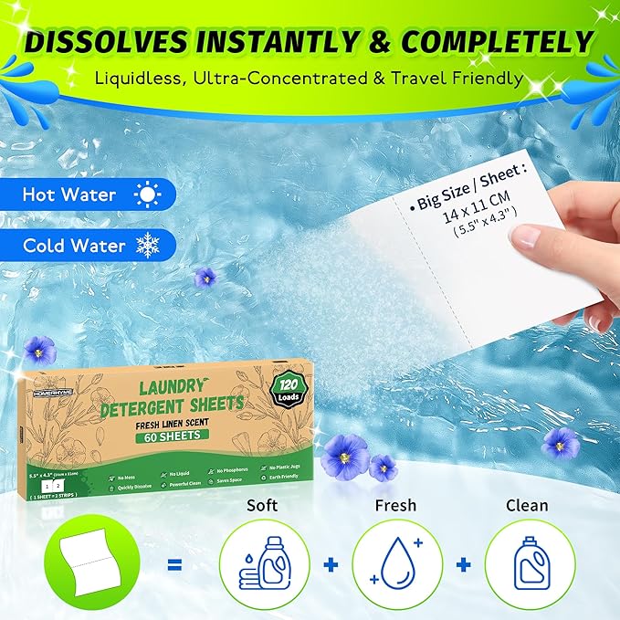 HOMERHYME Laundry Detergent Sheets - Fresh Linen 120 Loads Laundry Sheets Detergent, Bulk Travel Laundry Detergent Eco Friendly & Hypoallergenic Natural Detergent Sheets Strips Laundry Soap Sheets