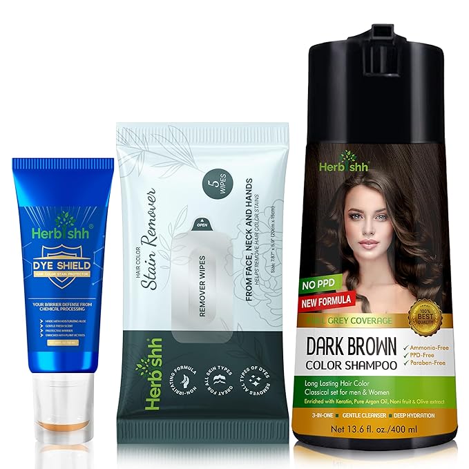 Herbishh Hair Color Shampoo for Gray Hair Dark Brown 400 ML - Dye Shield or Defender - Hair Color Stain Remover Wipes - Travel Pack With 5 Wipes