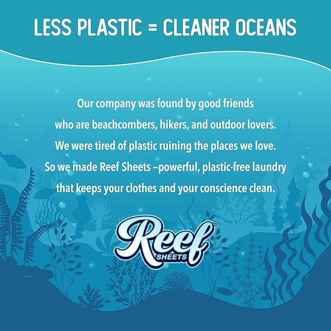 Reef Sheets Laundry Detergent Sheets, 64 loads, Hypoallergenic & Plastic-Free Eco-Friendly Packaging, Gentle on Skin, Tough on Stains, Travel-Friendly, Deep Blue Ocean Scent, 32ct