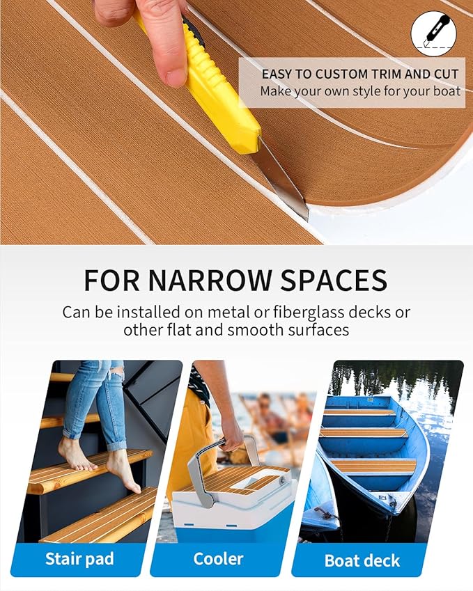 OCEANBROAD EVA Foam Boat Flooring with 3M Adhesive Backing Marine Self-Adhesive Decking 96''x45.6''/36''/28.8''/16.8'', 48''x16.8'' Faux Teak Sheet for Jon Boats Swim Platform Helm Pad RV Floor