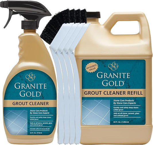 Granite Gold Grout Cleaner Spray with Brush for Stone, Ceramic, Glass & Colored Grout, 64 Fluid Ounces + 24 Fluid Ounces + 4 brushes