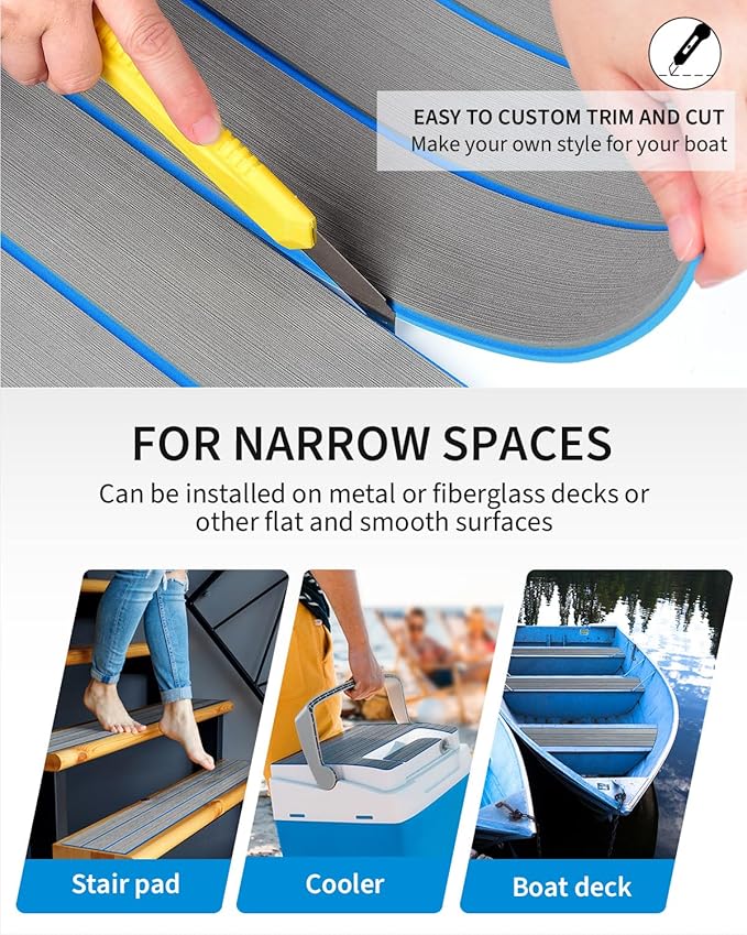 OCEANBROAD EVA Foam Boat Flooring with 3M Adhesive Backing Marine Self-Adhesive Decking 96''x45.6''/36''/28.8''/16.8'', 48''x16.8'' Faux Teak Sheet for Jon Boats Swim Platform Helm Pad RV Floor