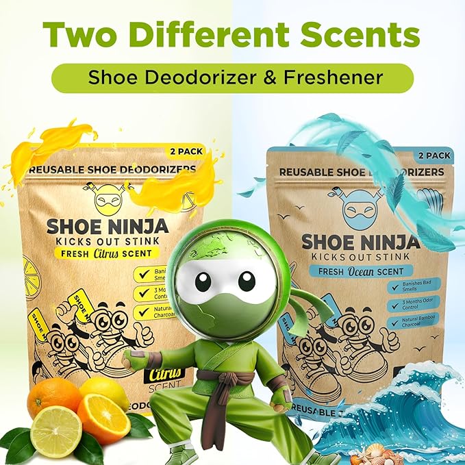 Shoe Ninja Shoe Deodorizer - Shoe Odor Elimination with Activated Charcoal, Versatile and Reusable Shoe Smell Remover, Boxing Glove Deodorizer, and Shoe Freshener, Great for Sports - 1 Pack Count of 2