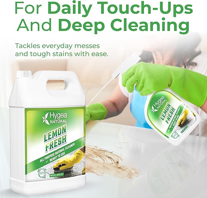 Hygea Natural Lemon Fresh All Purpose Cleaner - Multi-Surface Cleaner - Removes Soil, Dirt & Grease - Wet Gloss Finish - pH-Neutral & Ammonia Free (24oz Spray & 128oz Gallon)