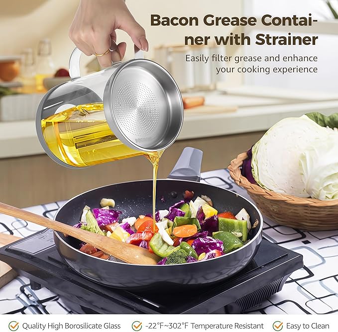 Premium Bacon Grease Saver with Strainer - Large 1.5L Grease Container for Kitchen with Stainless Steel Filter, Used Oil Storage & Bacon Drippings Keeper (50oz, Borosilicate Glass, Non-Slip Base)