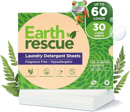 Earth Rescue Laundry Detergent Sheets - Up To 60 Loads (30 Sheets) - Unscented, Hypoallergenic, Concentrated Liquidless Dry Laundry Detergent, Ideal For Sensitive Skin, Eco Friendly - Fragrance Free