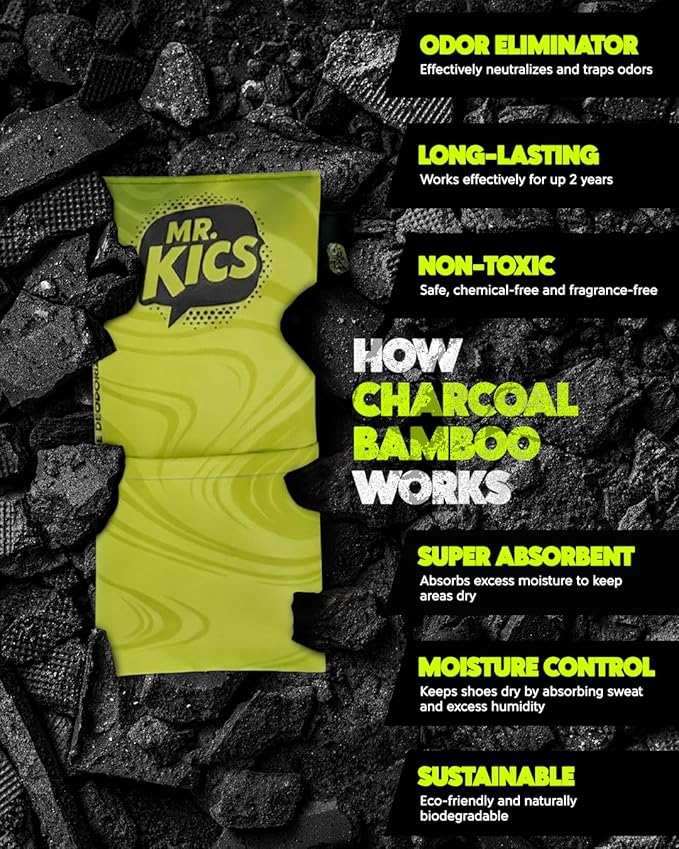 MR.KICS - Shoe Deodorizer Insert, Activated Charcoal Odor Eliminator, Moisture Absorber for Shoes, Gym Bags, Boxing Gloves, Cleats, Sports Gear - XL 2-Pack